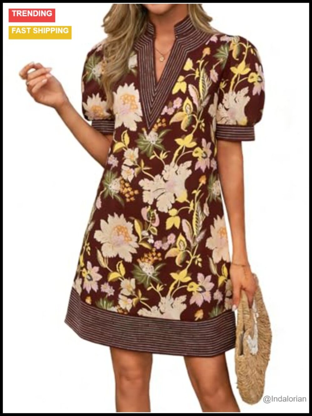 Womens Boho Mini Shift Dress V-Neck Puff Sleeve Lightweight Casual Summer